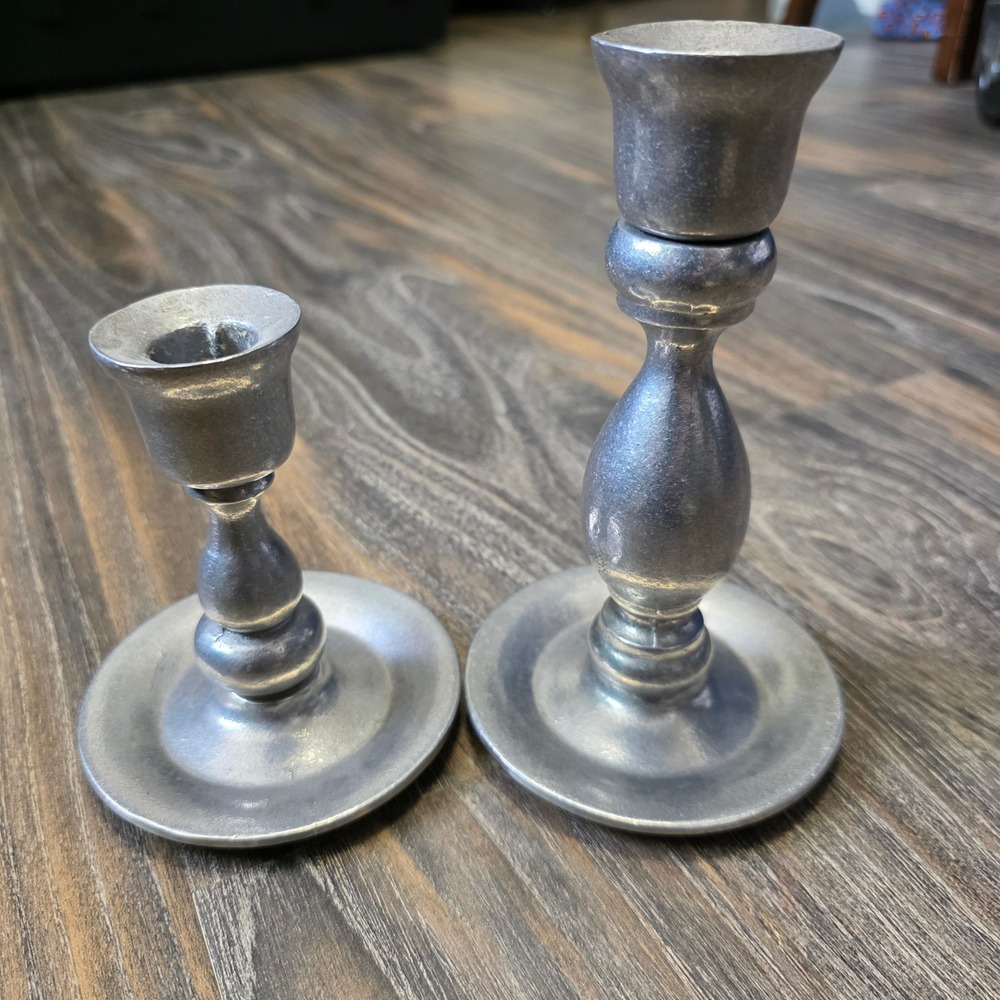 Vintage Pewter Candlestick Holders Set of 2 Silver Matte Baluster Taper Holders